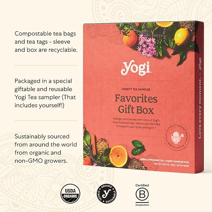 Yogi Organic Tea Sampler Gift Box - Assorted Delicious Wellness Teas - 9 Favorite Herbal, Green & Black Teas - Tea Gift Set & Variety Pack (45 Tea Bags)