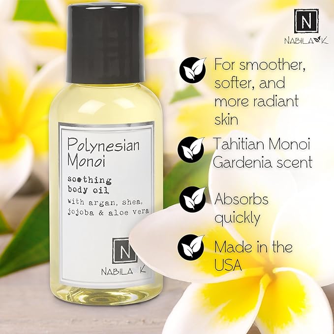 Polynesian Monoi (Monoi de Tahiti Flower Scent) Body Oil, Travel Size 2.4 oz Moisturize & Nourish with Argan & Coconut Oil - Vitamin C Enriched - Naturally Derived, Vegan-Friendly