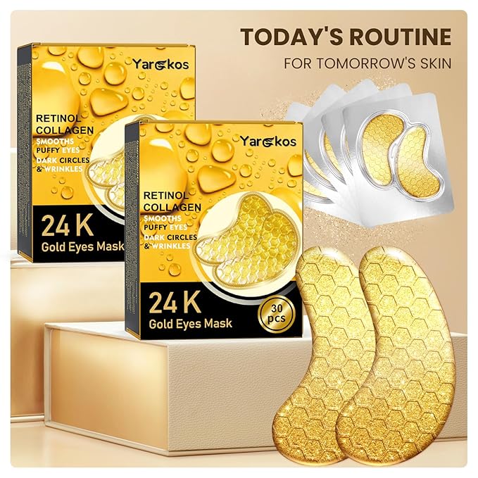 30 Pcs 24K Gold Under Eye Patches Kit, Collagen Golden Eye Mask for Puffy Eyes, Dark Circles, Women Travel Undereye Gel Pads for Puffiness Wrinkle, Men Cooling Hydrating Eye Skin Care