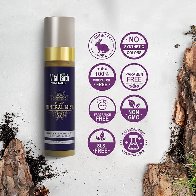 Vital Earth Fulvic Mineral Facial Mist, Travel-Friendly – Anti-Aging Face & Hair Spray for Cellular Renewal & Hydration, 3.4 Oz