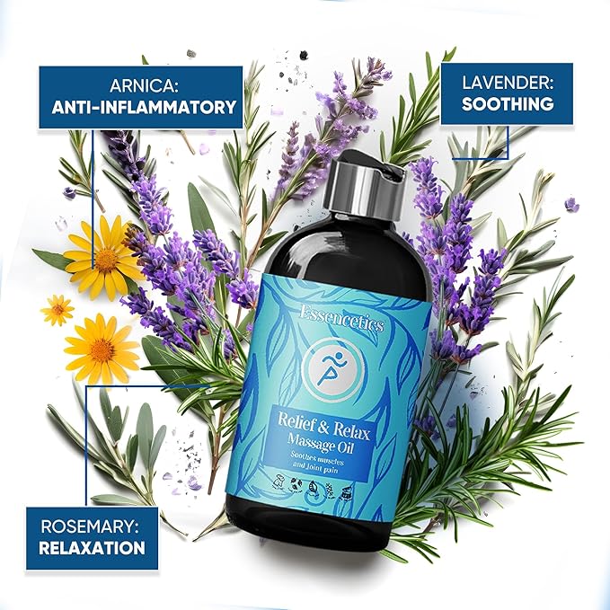 8 oz - Relief & Relax Sore Muscle Massage Oil with 100% Pure Arnica, Lavender & Rosemary Oils - Soothes Muscles & Joint with Relaxing Massage Oil for Massage Therapy