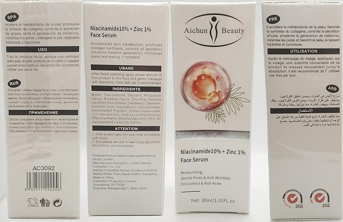 AICHUN BEAUTY Face Serum Eye Essence Anti-Wrinkles Anti-Acne Oil-Control Anti-Freckle Refreshing Moisturizing Purifying Shrink Pores 30ml 1.01FL.oz (Niacinamide10% + Zinc 1% Face Serum)