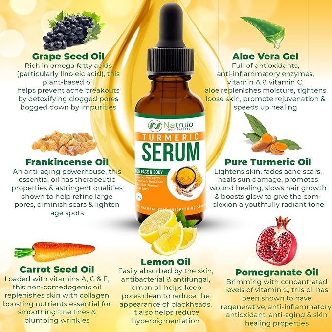 Turmeric Serum for Face & Body - All Natural Turmeric Skin Brightening Serum for Spots - Turmeric Facial Repair Serum Cleanses Skin, Fights Acne, Evens Tone, Minimizes Pores - Pure Turmeric Oil
