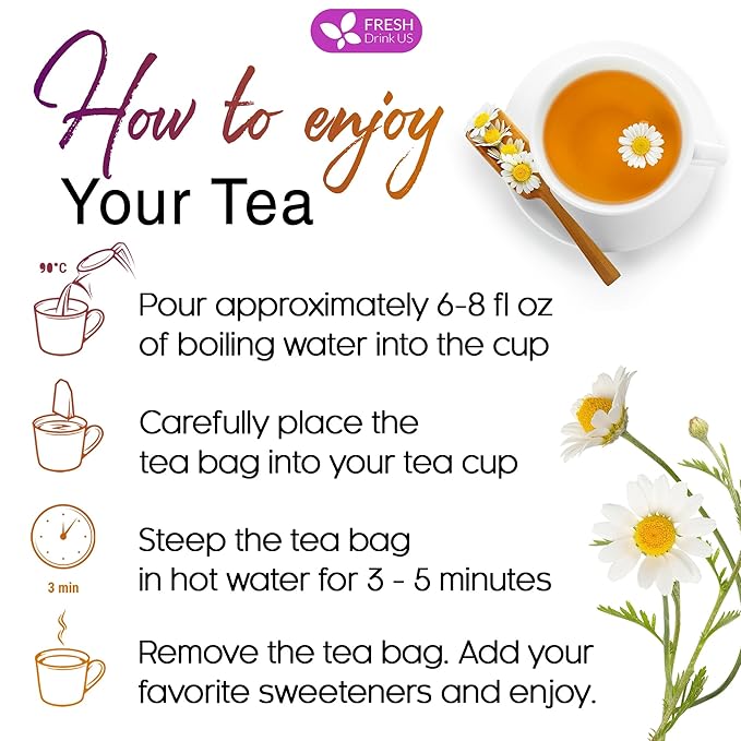 FreshDrinkUS, Premium 60 Chamomile Lavender Tea Bags, 100% Natural Herbal Ingredients, Hand-made Blend of Chamomile Lavender Flowers, Eco-conscious Tea Bags. No Sugar, No Caffeine, No Gluten, Vegan.