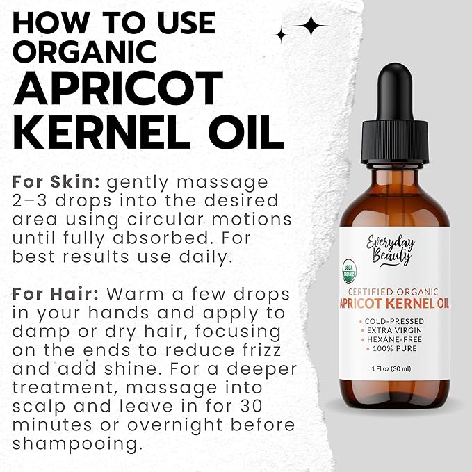 Organic Apricot Kernel Oil | 100% Pure, Cold-Pressed, Unrefined | USDA Certified Organic | Amber Glass Bottle with Glass Dropper | For Face, Skin & Hair - 1 Fl Oz