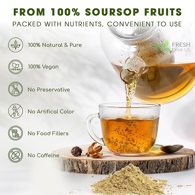 FreshDrinkUS, Premium 1oz Soursop Fruit Powder, 100% Natural and Pure from Soursop Graviola Fruit, Soursop Fruit Tea, No Additives, No Gluten, No Sugar, Vegan, Guanabana Powder, Handmade Product