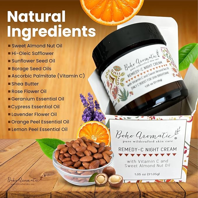 Vitamin C Night Cream for Face, Brightening Vitamin C Moisturizer Face Cream โ Hydrating Rich Night Cream in Eco-Friendly Glass Jar, cruelty free by Boho Aromatic Remedy-C