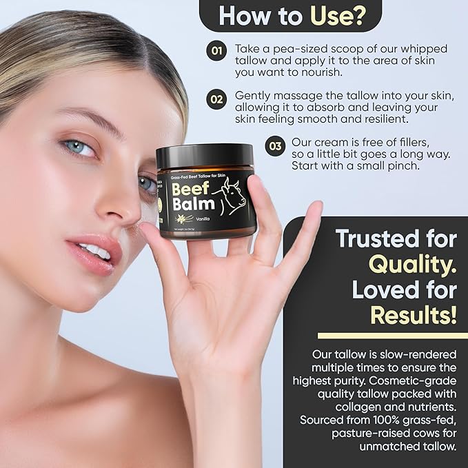 Beef Tallow Balm - Beef Tallow For Skin Care, Tallow Moisturizer, Face Cream, Lotion & Cream (Vanilla, Grass-Fed Tallow)