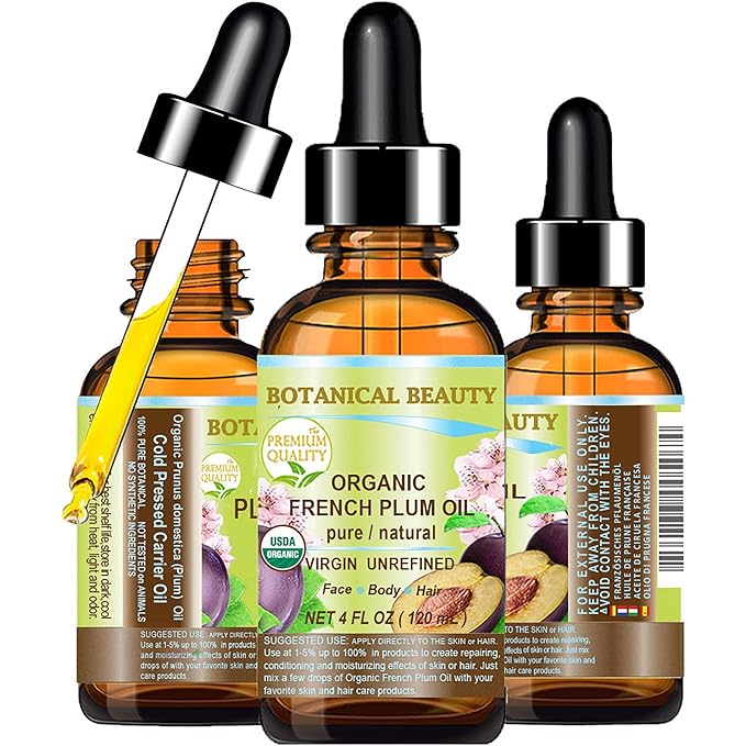 Botanical Beauty Organic French PLUM OIL 100% Pure Natural VIRGIN UNREFINED Cold-Pressed Carrier Oil 4 Fl oz 120 ml for Face, Skin, Body, Hair, Lip, Nails. Rich in Vitamin E, Omega 6, Omega 9