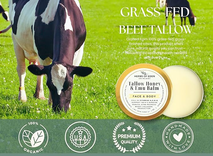 Organic Tallow Honey Emu Oil Balm Grass Fed Handmade Moisturizing Tallow For Face and Body for Eczema Rosacea Rashes All Ages All Skin Types Healing Hand Balm | Made in USA