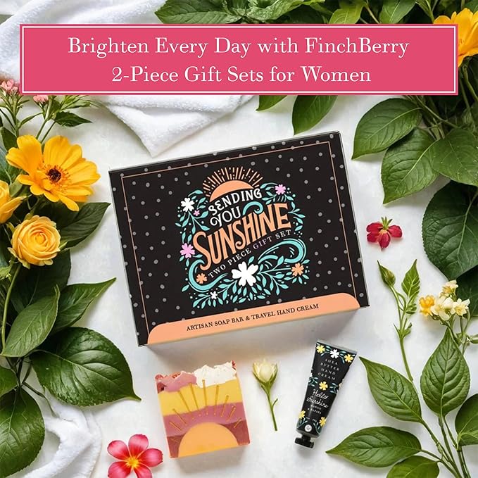 FinchBerry Sending You Sunshine Gift Set - Get Well Soon Gifts for Women - Perfect for Mom, Sister, Wife, Girlfriend, Daughter, Friends & Family - 2-Piece Set with Bar Soap (4.5oz) & Hand Cream (1oz)