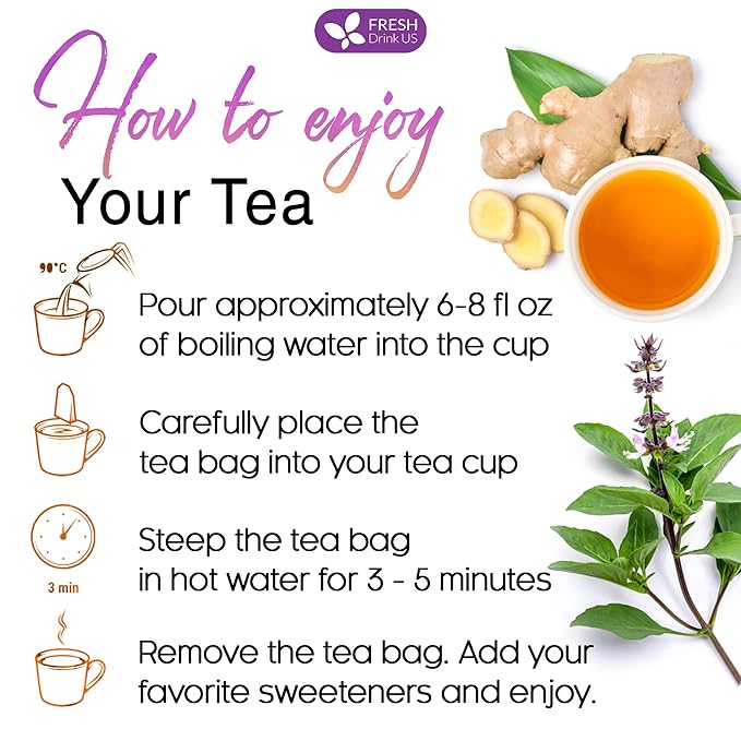 FreshDrinkUS, Premium 75 Ginger Tulsi Tea Bags, 100% Natural, Hand-made Blend of Ginger and Tulsi Holy Basil Leaves, Eco-conscious Tea Bags. Ginger Tulsi Herbal Tea. No Sugar, No Caffeine, Vegan.