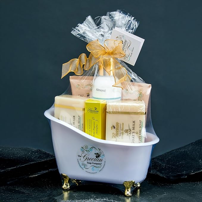 Deluxe Gift Basket for Women - 6pcs Goat Milk & Olive Oil Skin Care Set, Birthday Gifts, Spa Gift, Bridal Shower Gifts, Gifts for Mom, Almond Scent, Handmade in the USA