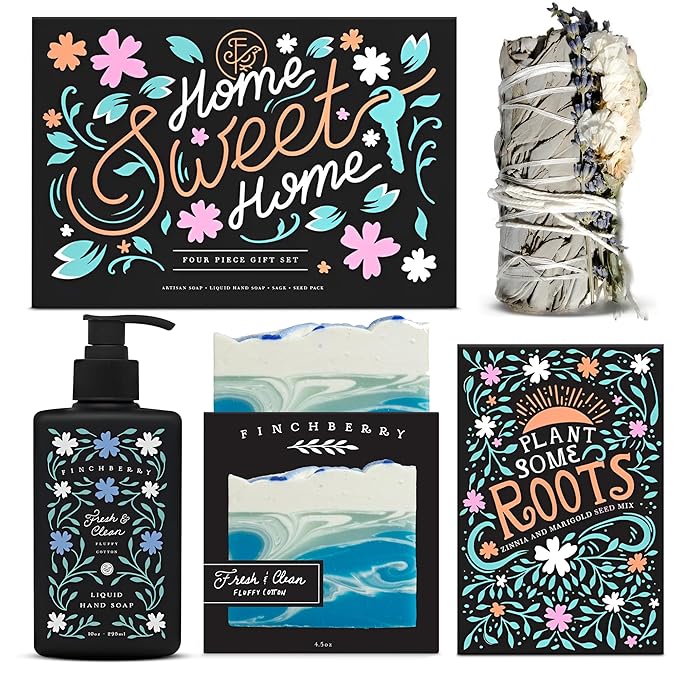 FinchBerry Home Sweet Home Gift Set โ Perfect Housewarming Present โ Includes Boxed Soap, Liquid Hand Soap, Sage Stick, and Plant Some Roots Seed Packet โ Thoughtful Gift for Friends & Family