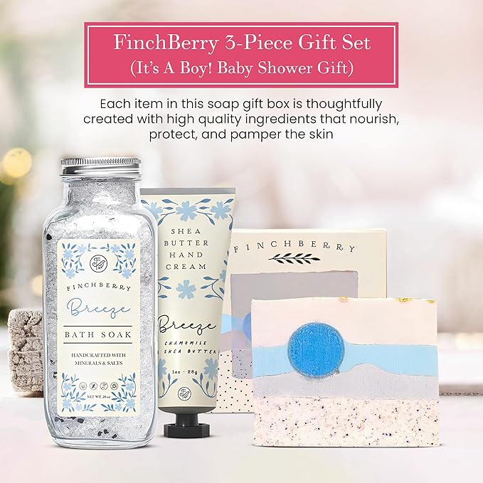 FinchBerry 3-Piece Gift Set โ Itโs A Boy! Baby Boy Shower Gift, New Mom Care Package & First-Time Mom Gifts! Includes Handmade Shea Butter Soap (4.5oz), Bath Soak (20oz) & Nourishing Hand Cream (1oz)