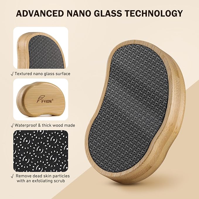 FVION Nano Glass Foot File with Bamboo Handle - Foot Scrubber Dead Skin Pumice Stone for Feet - The Ultimate Gentle Pedicure File Feet Callus Remover (Yellow)