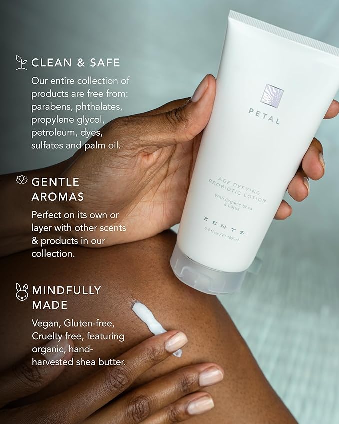 Zents Age-Defying Probiotic Body & Hand Lotion (Petal) | Moisturizing Lotion with Hyaluronic Acid & Organic Shea Butter | Nourishes & Hydrates Skin | 6.4 fl oz