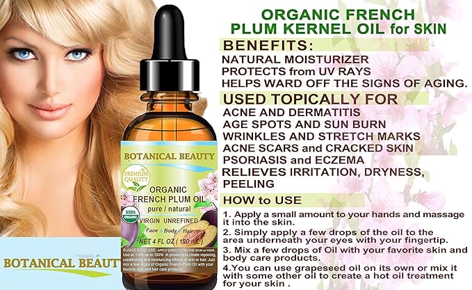 Botanical Beauty Organic French PLUM OIL 100% Pure Natural VIRGIN UNREFINED Cold-Pressed Carrier Oil 4 Fl oz 120 ml for Face, Skin, Body, Hair, Lip, Nails. Rich in Vitamin E, Omega 6, Omega 9