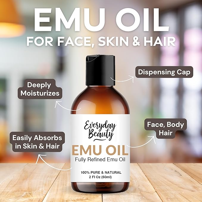 Pure Australian Emu Oil - All Natural 6X Refined for Face, Skin and Hair - Highly Effective Hydration for Sensitive Skin and Hair Growth - Perfect for Scars and Blemishes - 2 Fl Oz