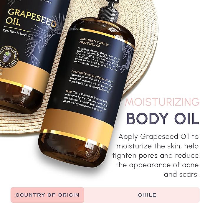 Brooklyn Botany Grapeseed Oil - 100% Pure and Natural Body, Hair, and Face Carrier Oil for Essential Oils, Aromatherapy, and Massage - 8 fl Oz