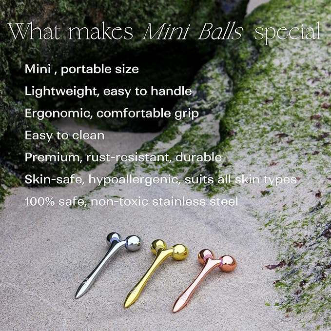 mwein Ivy 3D Face Massage Roller โ Mini Lightweight Small Travel-Sized Y-Shaped Stainless Steel โ Jade Roller, Ice Roller, Cellulite Roller โ Face Sculpting Tool (Rose Gold/Pink)