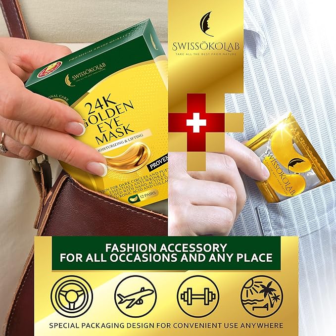 SWISSÖKOLAB Under Eye Patches For Puffy Eyes 24k Gold Eye Mask For Dark Circles And Puffiness Collagen Eye Gel Pads Moisturizing & Reducing Wrinkles Anti-Aging Hyaluronic Acid