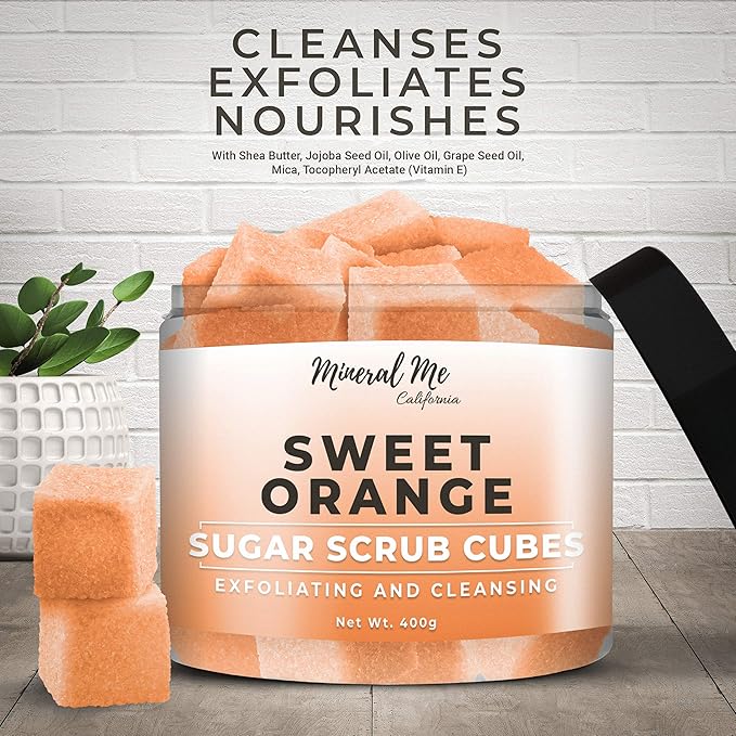 Body Scrub Exfoliator - 12oz SWEET ORANGE Sugar scrub cubes w/Mango Butter & Shea butter- Ultra Hydrating & Moisturizing - Natural & Organic for all body exfoliation- For hands, arms legs, elbow, foot
