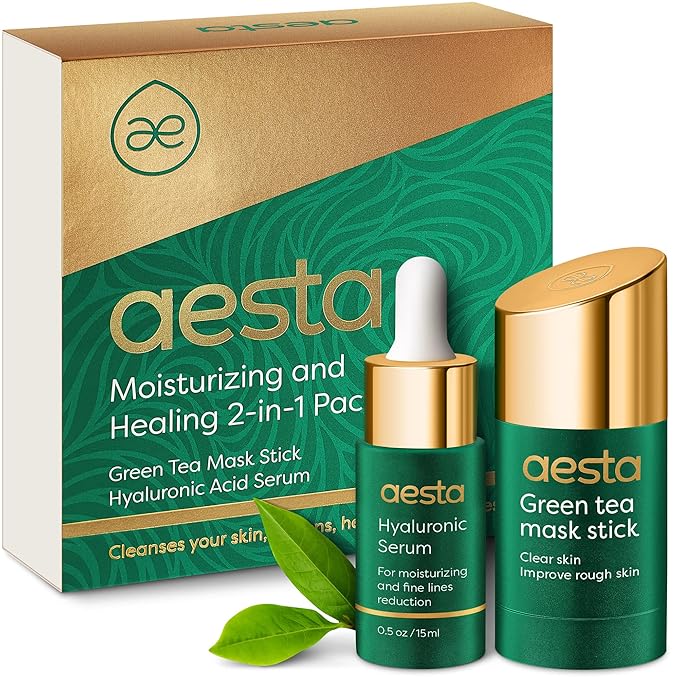 Aesta Green Tea Mask Stick + Hyaluronic Acid Serum for Face Treatment | Gradual Blackhead Remover | Pore-Cleaning, Detoxifying, Skin Care Face Serum w/Anti Aging and Anti Wrinkle Effects