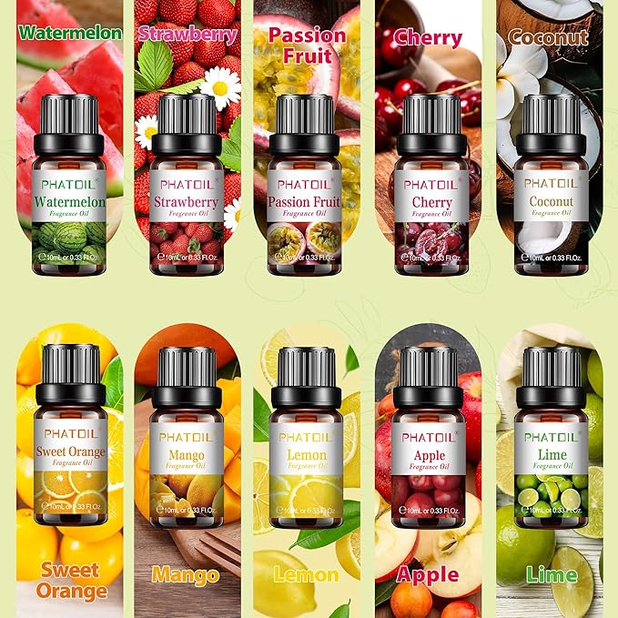 10Pcs Fruity Fragrance Oil Set, Coconut, Cherry, Apple, Strawberry, Mango Candle Scents for Candle Making, Freshie Scents for DIY Soap Making, Diffuser Oil Scents Set