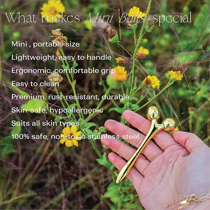 mwein Ivy 3D Face Massage Roller โ Mini Lightweight Small Travel-Sized Y-Shaped Stainless Steel โ Jade Roller, Ice Roller, Cellulite Roller โ Face Sculpting Tool (Gold)