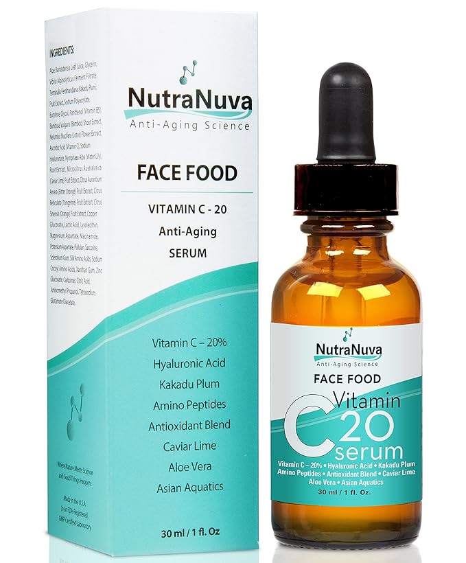 Face Food Anti Aging Natural 20% Vitamin C Serum Complex VEGAN Formula, Kakadu Plum, Hyaluronic Acid, Peptides, Aquatic Plants, Aloe and more for Wrinkles, Age Spots, Collagen,1 fl. Oz