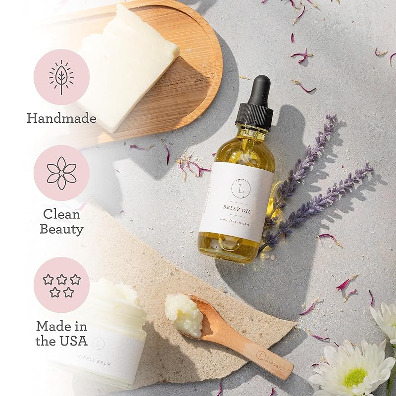 Lizush Belly Oil - 2 oz. Stretch Mark Treatment and Body Oil - Pregnancy Essentials to Protect and Moisturize Skin Made with 85% Organic Ingredients - Handmade in the USA
