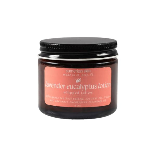 100% Grass Fed & Organic Whipped Beef Tallow Lotion - All Natural - Body + Face Mosturizer for All Skin Types (2 Ounce, Lavender Eucalyptus)