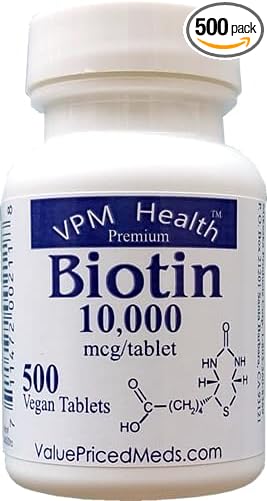 Biotin 10,000 mcg (500 Tablets) for Hair Growth, Skin, Strong Nails, biotin 10mg