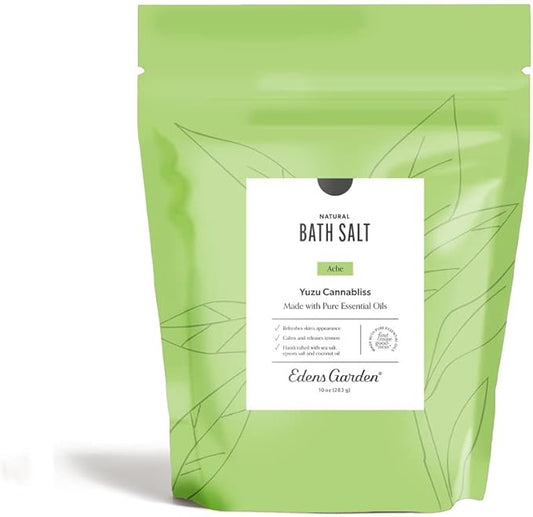 Edens Garden Ache Bath Salt Soak – Yuzu Cannabliss Blend with Pure Essential Oils, Epsom, Dead Sea Salt & Magnesium – for Men & Women, Tension Relief & Muscle Recovery After Workout, 10 oz (283 g)