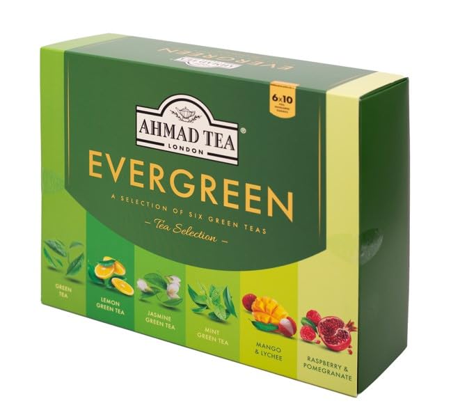 Ahmad Tea Green Tea, Evergreen Selection Pack Teabags, 60 Foil Teabags - Caffeinated & Sugar-Free