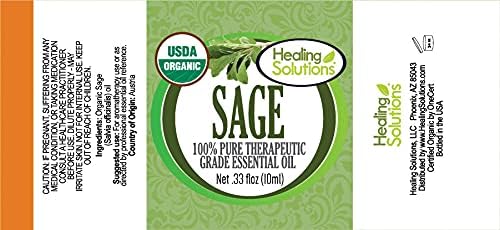 Healing Solutions Organic Sage Essential Oil, Pure & Undiluted 0.33 oz (10ml), Sage Essential Oil for Hair, Diffuser, Skin, & Aromatherapy - Therapeutic Grade