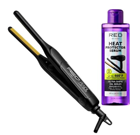 KISS Pencil Flat Iron & Heat Protector Hair Serum Bundle - Ceramic Tourmaline Plates - 3/10" - Straightens from Root - Medium Hair - 460F Max Temp