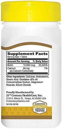 21st Century Biotin Tablets, 10,000 mcg,2 Count (Pack of 2)