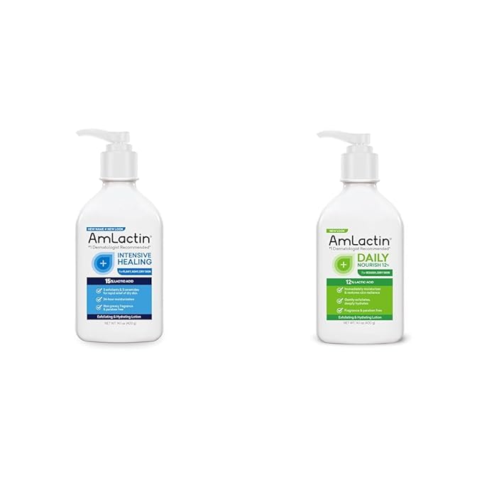 AmLactin Intensive Healing Body Lotion for Dry Skin – 14.1 oz Pump Bottle & Daily Nourish 12%-14.1 oz Body Lotion with 12% Lactic Acid-Exfoliator and Moisturizer for Dry Skin