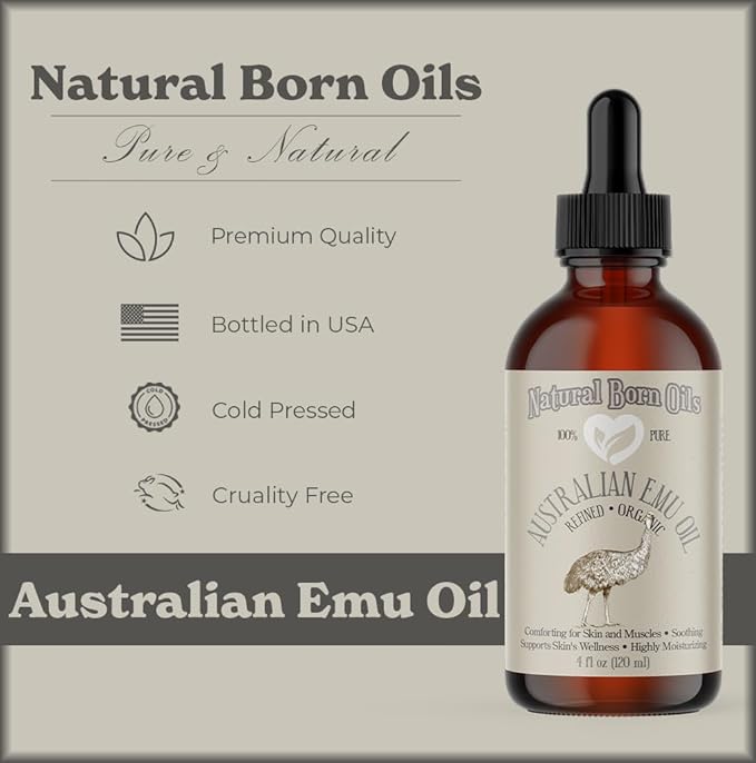 Natural Born Oils Australian Emu Oil, 4oz, Organic, Fully Refined, High in Omega-3 & 6, Perfect for Skin Nourishment, Hair Revitalization