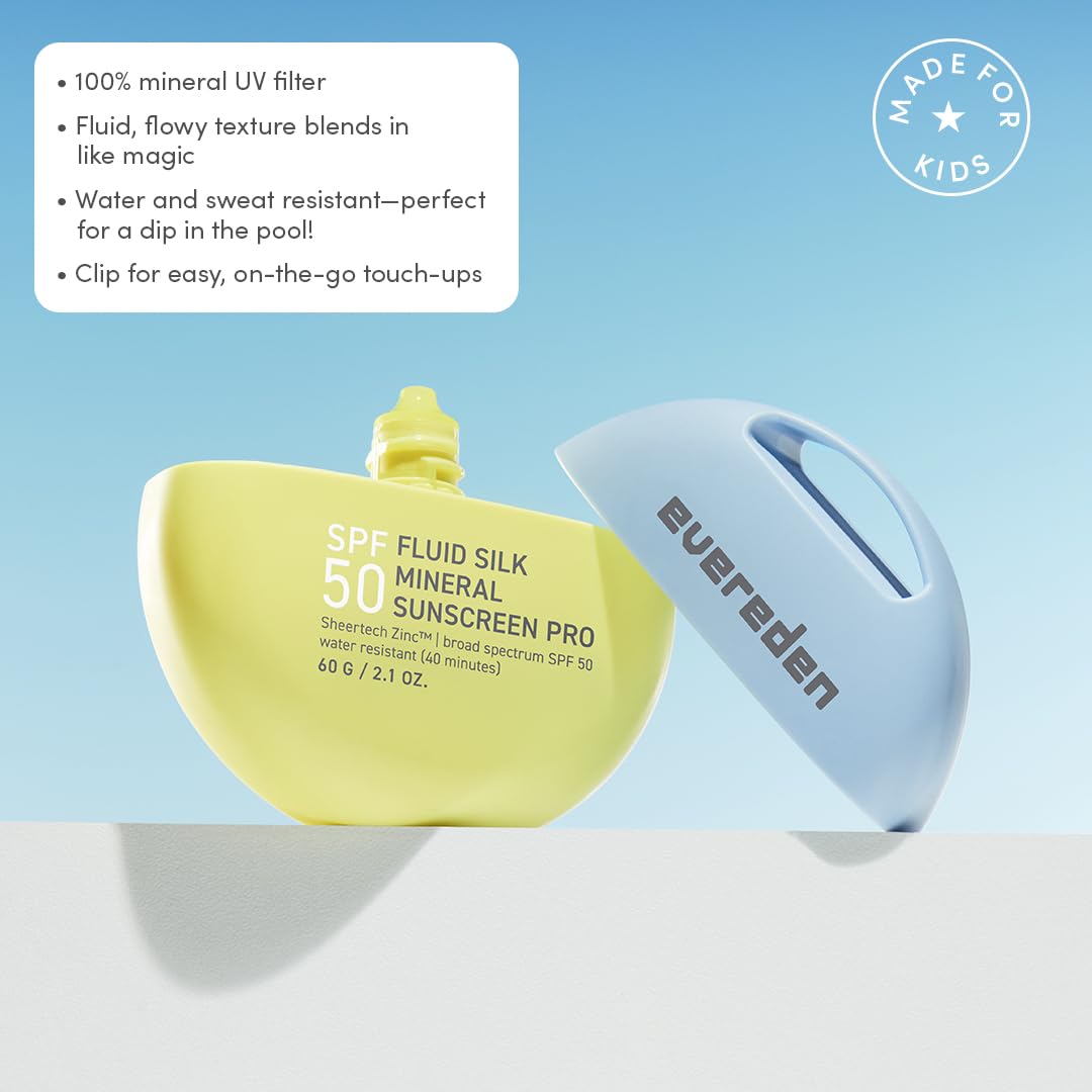 Evereden SPF50 Fluid Silk Mineral Kids Sunscreen: Clean Cooling Non-Nano UVA, UVB, & IR Protection for Sensitive Skin - Sheer, Lightweight, & Waterproof for Up to 40 Mins - Beach Day Toddler Sunscreen