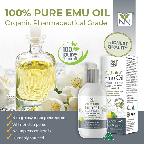 Y-Not Natural Ultra Pure Australian Emu Oil - Luxury, Hospital Grade Emu Oil 200 mL | Free Range Aboriginal Omega 3, 6 & 9 Oil Infused with Lemon Lime - The Ultimate Moisturizer for Skin, Hair, Nails, and Scalp