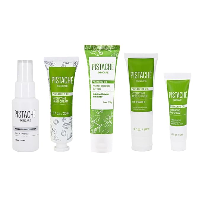 Pistaché Skincare Pistachio Oil 5-Pc Mini Collection (Travel) + Body Butter, Hand Cream, Biscotti Perfume, Eye Cream & Face Moisturizer + Hydrates and Nourishes + Vitamin E + Antioxidant Protection