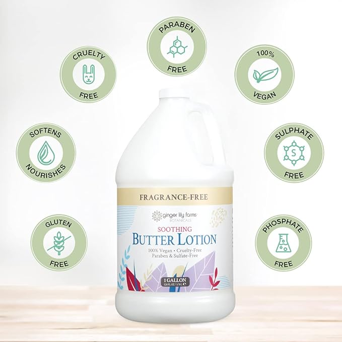 Ginger Lily Farms Botanicals Soothing Butter Lotion for Dry, Sensitive Skin, 100% Vegan & Cruelty-Free, Fragrance Free, 1 Gallon (128 fl oz) Refill (pack of 1)