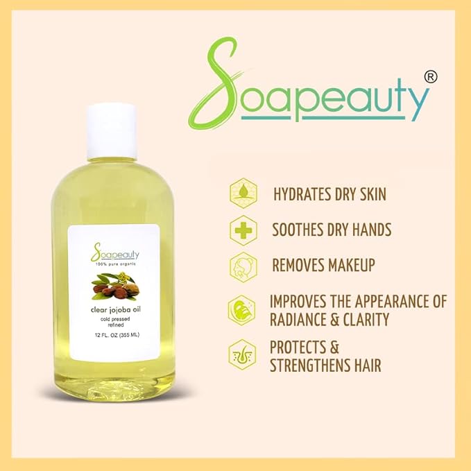 Soapeauty Clear Jojoba Oil | 100% Pure & Natural | Refined, Cold Pressed, Hexane Free | Moisturizing Oil for Skin, Face, Hair & Nails | 12 fl oz