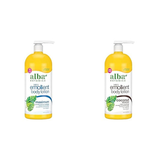 Alba Botanica Very Emollient Body Lotion, Maximum Dry Skin Formula, 32 Oz & Very Emollient Body Lotion, Coconut Rescue, 32 Oz