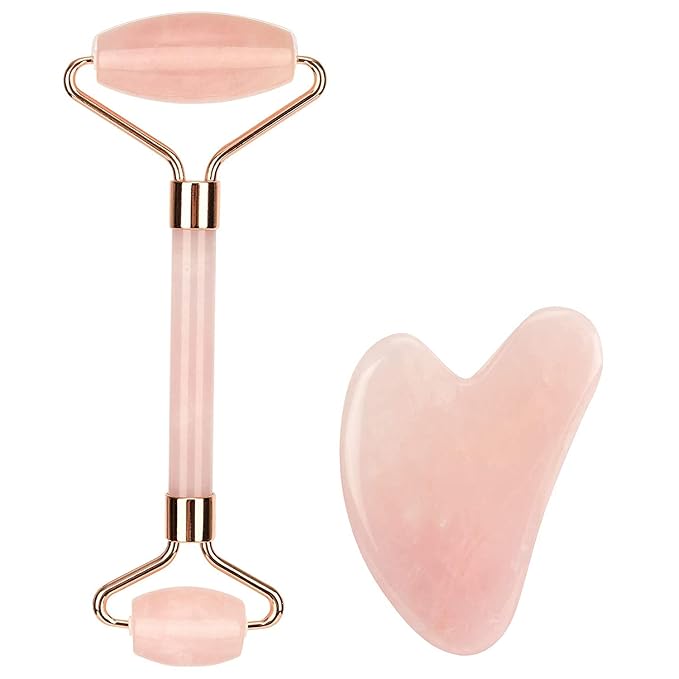 Jade Roller and Gua Sha Set - Natural Rose Quartz Face Roller- Face Massager Kit, Facial Jade Stone Roller for Skin Care, Eyes, Neck