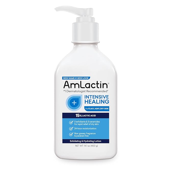 AmLactin Intensive Healing Body Lotion for Dry Skin – 14.1 oz Pump Bottle & Daily Nourish 12%-14.1 oz Body Lotion with 12% Lactic Acid-Exfoliator and Moisturizer for Dry Skin