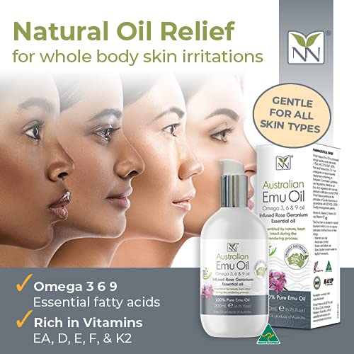 Y-Not Natural Ultra Pure Australian Emu Oil - Luxury, Hospital Grade Emu Oil 200 mL | Free Range Aboriginal Omega 3, 6 & 9 Oil Infused with Rose Geranium - The Ultimate Moisturizer for Skin, Hair, Nails, and Scalp